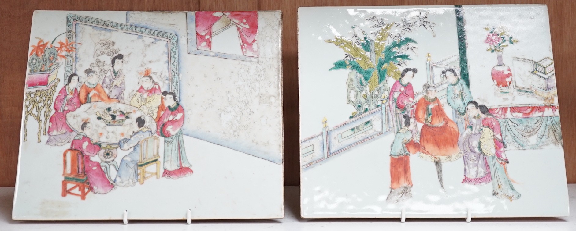 A pair of Chinese Republic period porcelain famille rose plaques, 29cms wide x 25cms high